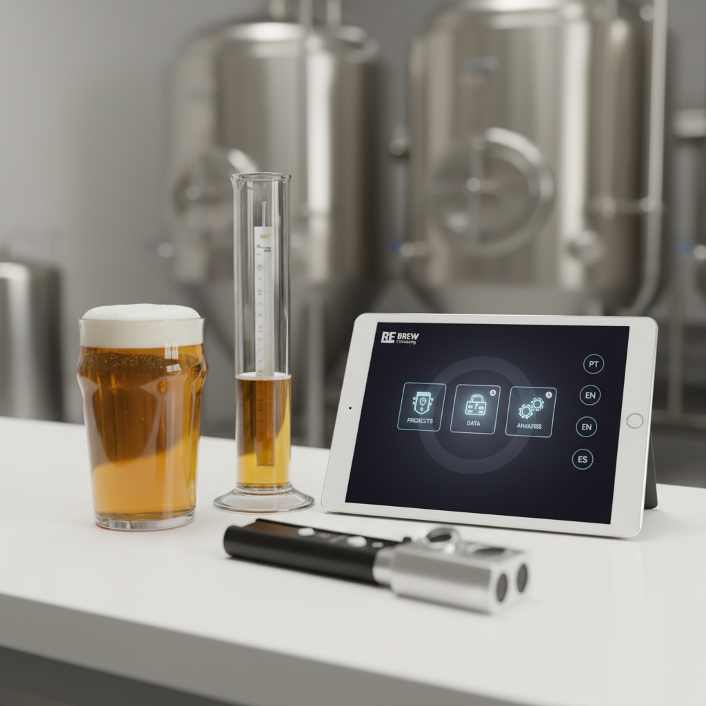 A detailed close-up of a brewery quality-control workstation: a spotless white benchtop with a clear glass of golden beer, a hydrometer floating in a tall graduated cylinder, a refractometer resting open, and a digital lab notebook displayed on a sleek tablet showing multilingual PT/EN/ES interface icons, all without readable text. The background hints at stainless fermentation tanks slightly out of focus. Neutral, bright lab-style overhead lighting emphasizes cleanliness and precision, creating soft shadows and crisp reflections on glass. Photographic realism, shot from a slightly elevated angle with shallow depth of field, mood professional and analytical, highlighting RE BREW Consulting’s focus on quality assurance and standardized measurements.