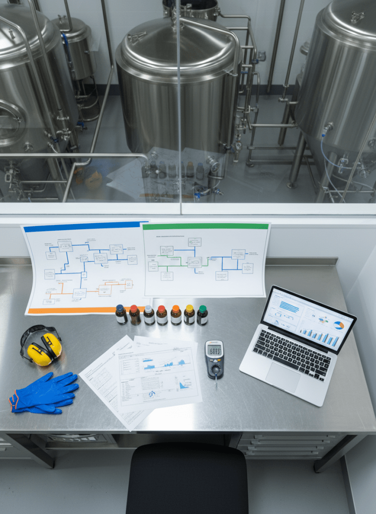 An overhead view of a brewery process optimization scene: a large, clean stainless worktable covered with neatly arranged technical documents, color-coded process flow diagrams without legible text, a laptop displaying charts, and a pair of safety gloves and hearing protection placed to one side. Nearby, small labeled sample bottles and a carefully aligned thermometer and pH meter underscore data-driven brewing decisions. The environment is a bright, organized brewery office corner with a glimpse of shiny tanks through a glass partition. Even, cool-white lighting from above creates minimal shadows, enhancing readability and clarity. Photographic realism, flat-lay composition, mood methodical and strategic, emphasizing efficiency, loss reduction, and profitability planning.